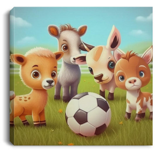 Baby Farm Animals Playing Soccer Square Canvas .75in Frame